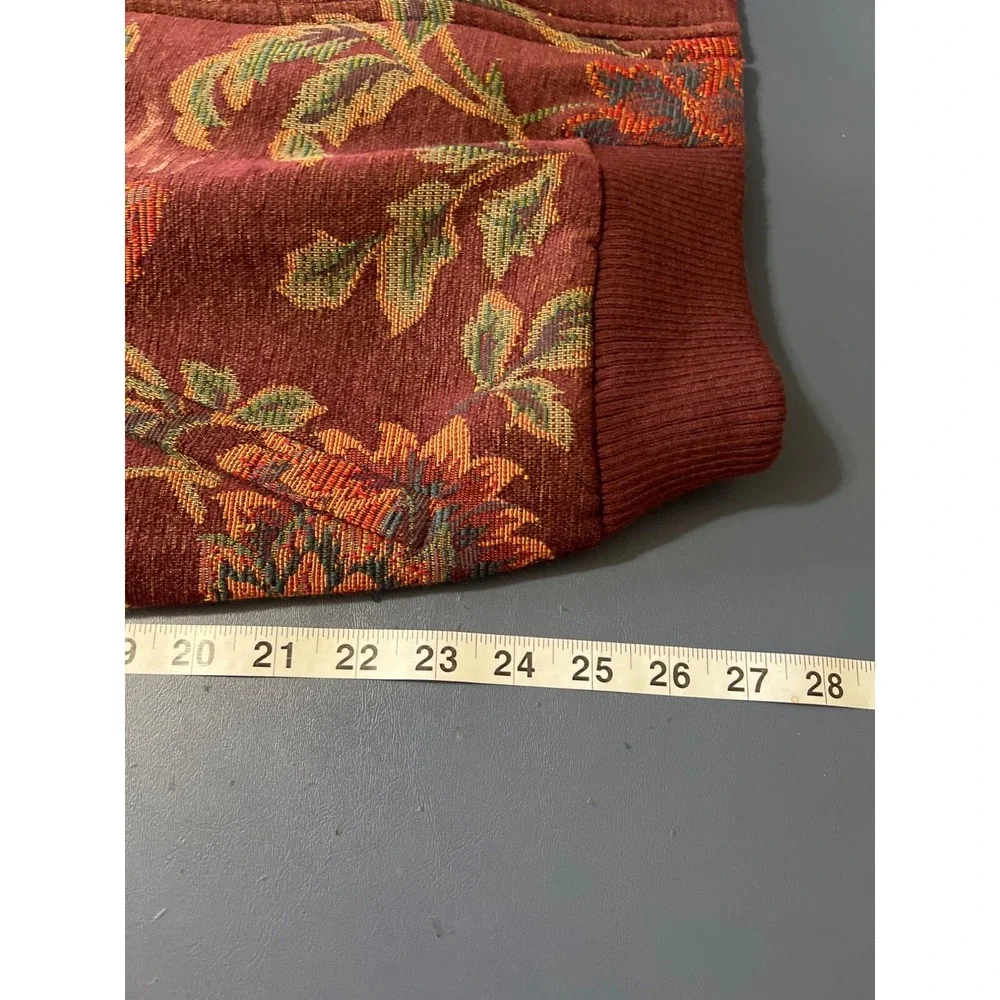 Susan Graver Style‎ Floral Jacket Large Zip Front Burgundy Ribbed Hem & Cuffs